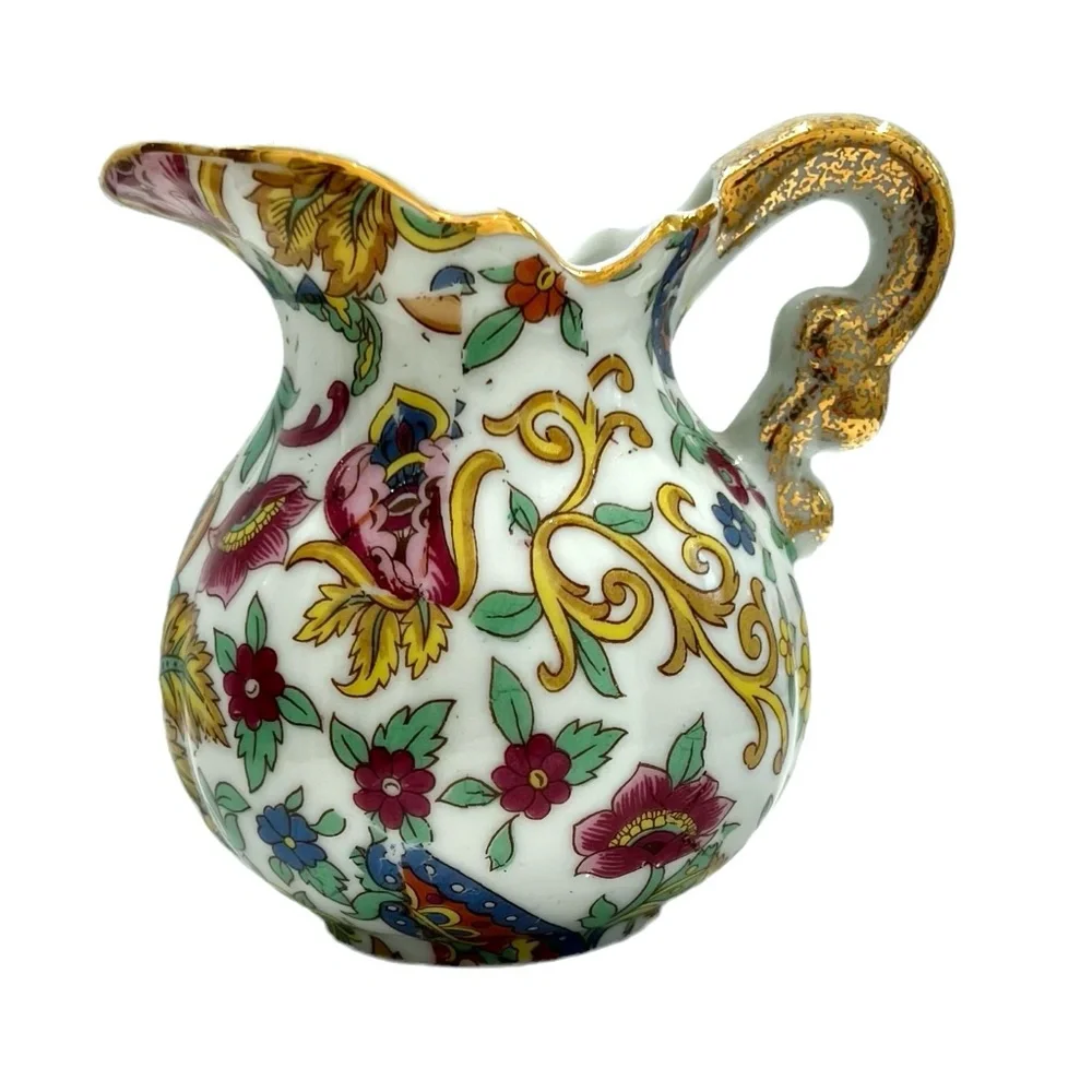 VINTAGE LENWILE/ARNART OF JAPAN SMALL WHITE W MULTICOLOR CREAMER & UNDERPLATE